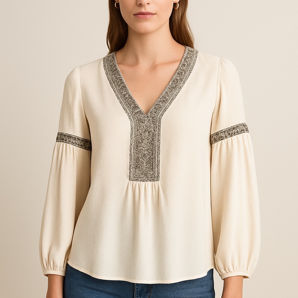 Tory Burch Cream Silk Blouse Gray Embroidered Victorian-Inspired Puff Sleeve